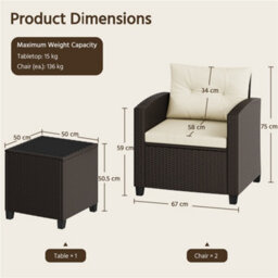 Yaheetech Wicker Patio Bistro Set, Rattan Coffee Table And 2 Cushioned Chairs, Brown/beige - thumbnail 5