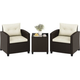 Yaheetech Wicker Patio Bistro Set, Rattan Coffee Table And 2 Cushioned Chairs, Brown/beige - thumbnail 2
