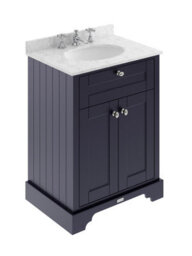Hudson Reed Floor Standing Two Door Traditional Vanity Unit With 3 Tap Hole Grey Marble Top & Basin In Twilight Blue, 620 X 470mm