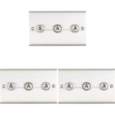 Loops 3 Pack 3 Gang Triple Retro Toggle Light Switch Satin Steel 10A 2 Way Wall Plate - image 1
