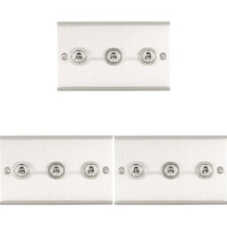 Loops 3 Pack 3 Gang Triple Retro Toggle Light Switch Satin Steel 10A 2 Way Wall Plate - thumbnail 1