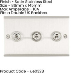 Loops 3 Pack 3 Gang Triple Retro Toggle Light Switch Satin Steel 10A 2 Way Wall Plate - thumbnail 2