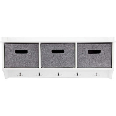 White 5 Hook Wooden Wall Mounted Coat Rack Display Storage Unit With Fabric Basket - image 1