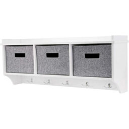 White 5 Hook Wooden Wall Mounted Coat Rack Display Storage Unit With Fabric Basket - thumbnail 2