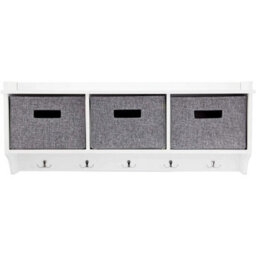 White 5 Hook Wooden Wall Mounted Coat Rack Display Storage Unit With Fabric Basket