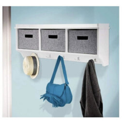 White 5 Hook Wooden Wall Mounted Coat Rack Display Storage Unit With Fabric Basket - thumbnail 4