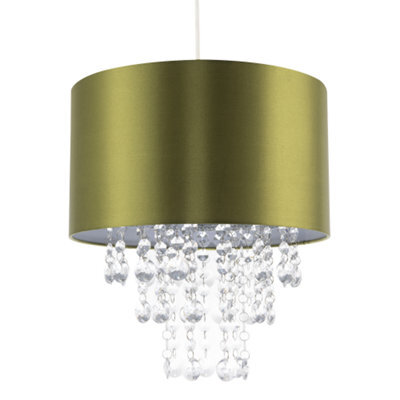Happy Homewares Modern Olive Green Satin Fabric Pendant Shade With Clear Acrylic Drops - image 1