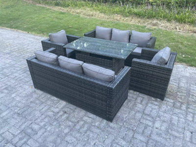 Fimous Outdoor Lounge Sofa Rattan Garden Furniture Set Patio Armchair And Rectangular Dining Table 8 Seater Dark Grey Mixed - image 1