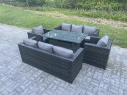 Fimous Outdoor Lounge Sofa Rattan Garden Furniture Set Patio Armchair And Rectangular Dining Table 8 Seater Dark Grey Mixed - thumbnail 3