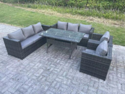 Fimous Outdoor Lounge Sofa Rattan Garden Furniture Set Patio Armchair And Rectangular Dining Table 8 Seater Dark Grey Mixed - thumbnail 2