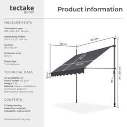 Tectake Awning With Hand Crank - Pressure Fitted , Height Adjustable 200 X 180 Cm - Black/grey - thumbnail 6
