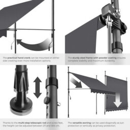 Tectake Awning With Hand Crank - Pressure Fitted , Height Adjustable 200 X 180 Cm - Black/grey - thumbnail 5