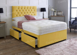 Comfy Deluxe 5Ft King Mustard    Plush Velvet Pocket Divan Bed & Chesterfield Headboard 4 Drawers