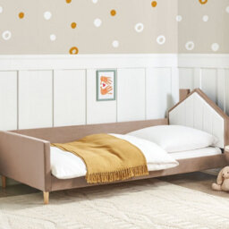 Wyld And Coco 3Ft Eu Single Bed Brown Velvet Upholstered House-Shaped Headboard, Wraparound Frame (W96 X L211 X H90Cm) - thumbnail 2