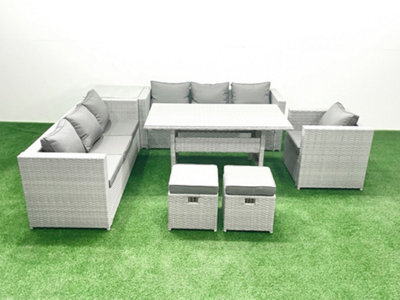 Fimous 7 Pieces Outdoor Rattan Sofa Set Cushions Patio Garden Furniture Sets Armchair Dining Table 2 Small Stools - image 1