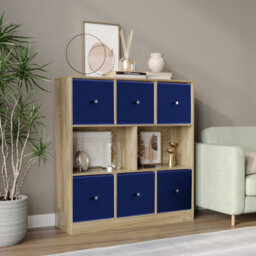 Urbn-Living Urbnliving Asymmetrical 8 Cube Bookcase Shelf Storage Unit W/ 6 Fabric Drawer Inserts (Oak+Royal Blue) - thumbnail 1