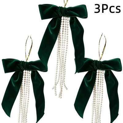 Amorly 3 Pack Green Velvet Bow With Pearls, 15Cm Large Flocked Bow Ornament With Beaded Tassel For Christmas Tree Wreath Garland Decor - image 1