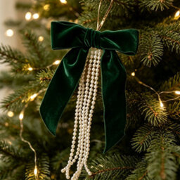 Amorly 3 Pack Green Velvet Bow With Pearls, 15Cm Large Flocked Bow Ornament With Beaded Tassel For Christmas Tree Wreath Garland Decor - thumbnail 8