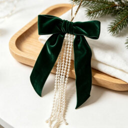 Amorly 3 Pack Green Velvet Bow With Pearls, 15Cm Large Flocked Bow Ornament With Beaded Tassel For Christmas Tree Wreath Garland Decor - thumbnail 7