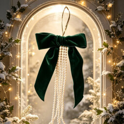 Amorly 3 Pack Green Velvet Bow With Pearls, 15Cm Large Flocked Bow Ornament With Beaded Tassel For Christmas Tree Wreath Garland Decor - thumbnail 3