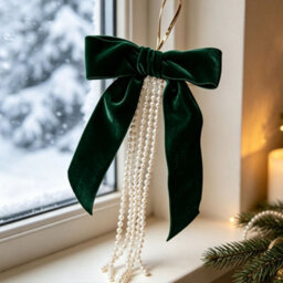 Amorly 3 Pack Green Velvet Bow With Pearls, 15Cm Large Flocked Bow Ornament With Beaded Tassel For Christmas Tree Wreath Garland Decor - thumbnail 6