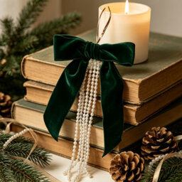 Amorly 3 Pack Green Velvet Bow With Pearls, 15Cm Large Flocked Bow Ornament With Beaded Tassel For Christmas Tree Wreath Garland Decor - thumbnail 2