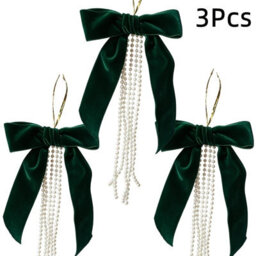 Amorly 3 Pack Green Velvet Bow With Pearls, 15Cm Large Flocked Bow Ornament With Beaded Tassel For Christmas Tree Wreath Garland Decor - thumbnail 1