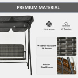 Outsunny 3-Seater Rattan Swing Chair, Hanging Bench W/ Stand, Adjustable Canopy - thumbnail 4