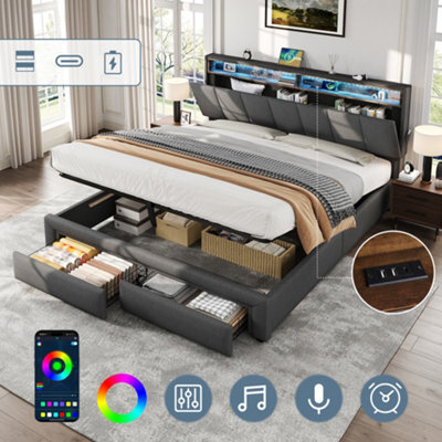Matteo Grey King Size Upholstered Ottoman Bed Frame With Led Headboard, Usb Charging & Storage - image 1
