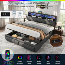 Matteo Grey King Size Upholstered Ottoman Bed Frame With Led Headboard, Usb Charging & Storage - thumbnail 8