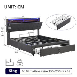 Matteo Grey King Size Upholstered Ottoman Bed Frame With Led Headboard, Usb Charging & Storage - thumbnail 9