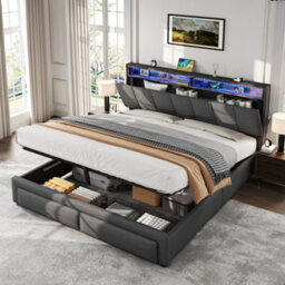 Matteo Grey King Size Upholstered Ottoman Bed Frame With Led Headboard, Usb Charging & Storage - thumbnail 4