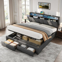 Matteo Grey King Size Upholstered Ottoman Bed Frame With Led Headboard, Usb Charging & Storage - thumbnail 3