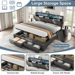 Matteo Grey King Size Upholstered Ottoman Bed Frame With Led Headboard, Usb Charging & Storage - thumbnail 6