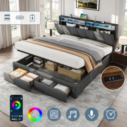 Matteo Grey King Size Upholstered Ottoman Bed Frame With Led Headboard, Usb Charging & Storage