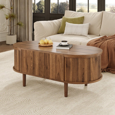 Abrihome Oval Adjustable Coffee Table With Storage, Vintage Style Living Room Table With Solid Wood Legs - image 1