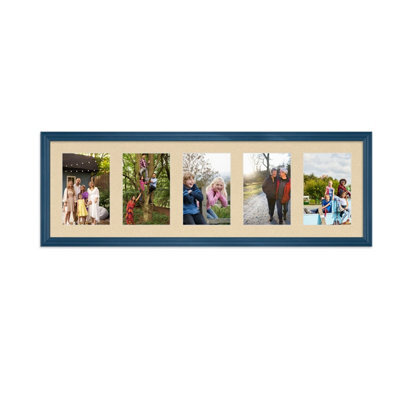 AK Frames 26X8 Navy Blue Classic Multi Photo Frame With Ivory Mount - Holds 5 Apertures (5X) 6X4 Photos - image 1