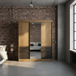 Haidar 180 Cm Sliding Door Wardrobe With Shelves And Hanging Rail For Modern Bedrooms White Lefkas And Black - thumbnail 1