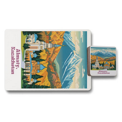 Benjamin Tate Design Placemat And Coaster Set With Designer Artwork And Wood Bottom Almaty Kazakhstan Edition 12 Pieces - image 1