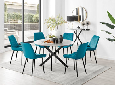 Furniturebox Novara Grey Concrete Effect 120Cm Round Dining Table With Black Starburst Legs & 6 Blue Pesaro Velvet Chairs - image 1