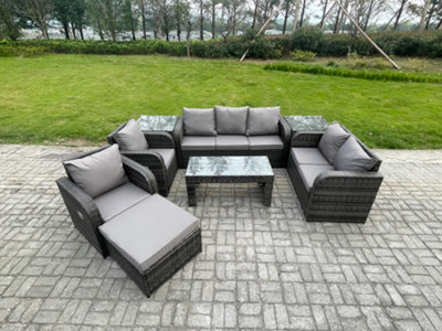 Fimous Rattan Garden Furniture Set Rattan Lounge Sofa Set With Rectangular Coffee Table 2 Side Tables Big Footstool - image 1