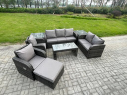Fimous Rattan Garden Furniture Set Rattan Lounge Sofa Set With Rectangular Coffee Table 2 Side Tables Big Footstool - thumbnail 2