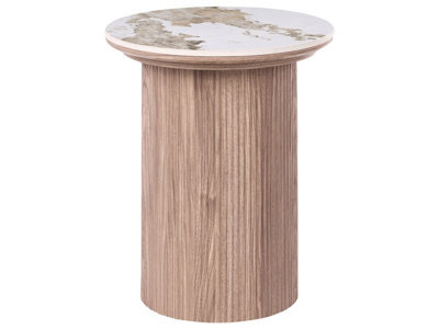 Wyld and Coco Novaliving Ribbed Leg Side Table - White Marble Ceramic Top, Brown Mdf Base, 45Cm Diameter - image 1