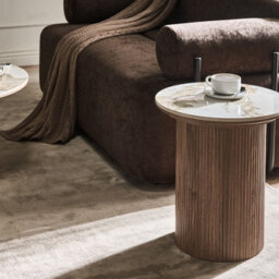 Wyld and Coco Novaliving Ribbed Leg Side Table - White Marble Ceramic Top, Brown Mdf Base, 45Cm Diameter - thumbnail 2