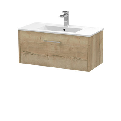 Hudson Reed Juno Wall Hung Single Soft Close Drawer Vanity Unit With Minimalist Basin In Autumn Oak Finish, 800mm - image 1