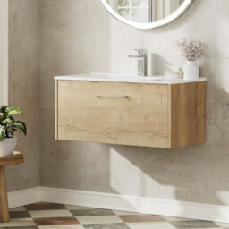 Hudson Reed Juno Wall Hung Single Soft Close Drawer Vanity Unit With Minimalist Basin In Autumn Oak Finish, 800mm - thumbnail 4