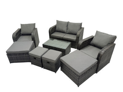 Fimous Outdoor Love Sofa Reclining Chair Coffee Table Set Garden Rattan Furniture Set 8 Seater With 4 Stools Dark Grey - image 1