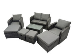 Fimous Outdoor Love Sofa Reclining Chair Coffee Table Set Garden Rattan Furniture Set 8 Seater With 4 Stools Dark Grey - thumbnail 1
