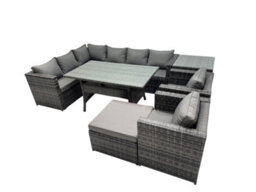 Fimous Outdoor Pe Rattan Sofa Set With Dining Table Patio Garden Furniture Sets With Big Stool Side Table Dark Grey Mixed - thumbnail 2