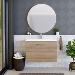 Balterley Contemporary Bathroom Wall Hung 2 Soft-Close Drawer Vanity Unit & Mid-Edge Ceramic Basin, Bleached Oak, 800 mm - thumbnail 2